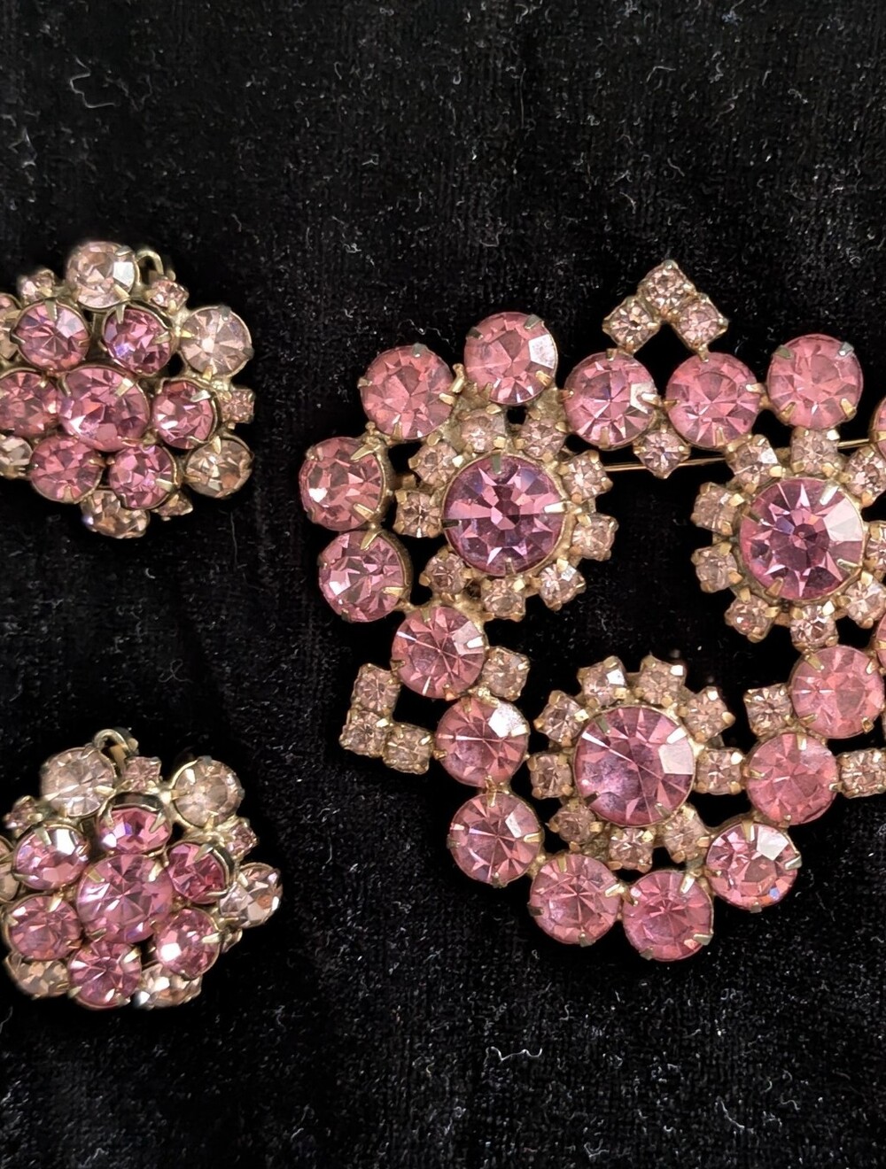 Vintage Pink Crystal Floral Brooch and Clip-On Earring Set - Dazzling